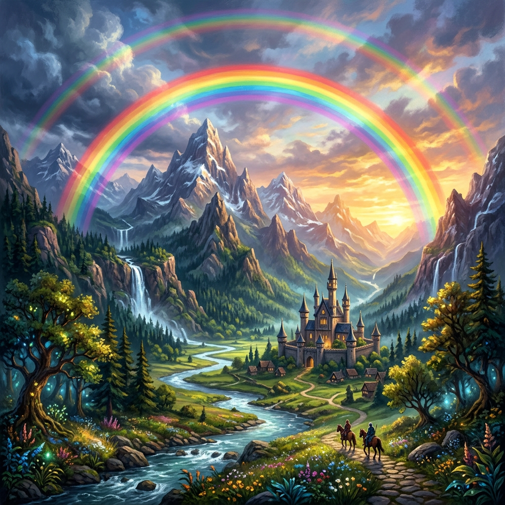 Fantasy mountain valley with a castle, winding river, double rainbows, and two horseback riders