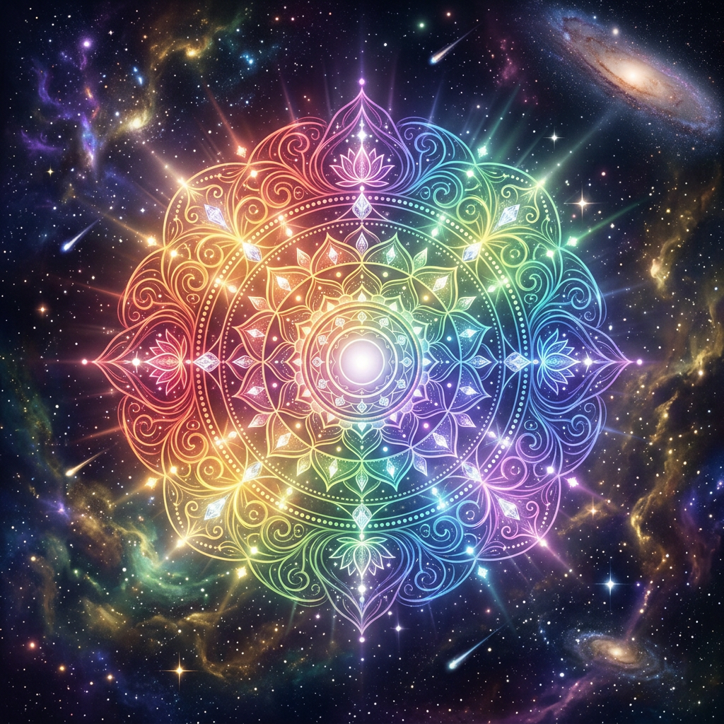 Intricate rainbow mandala with glowing lines set in a vibrant cosmic space scene