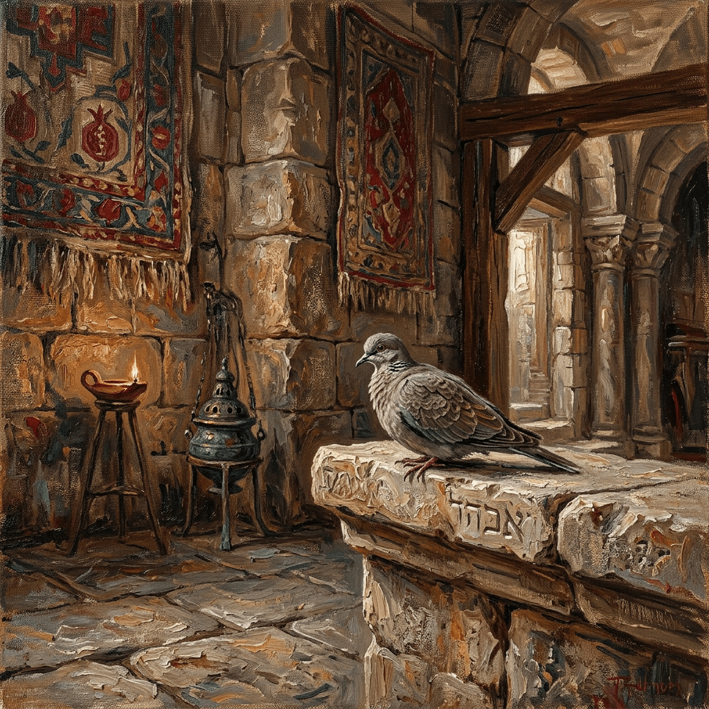 Dove sitting on an ancient carved stone ledge inside a medieval stone room with hanging patterned rugs and a lit oil lamp