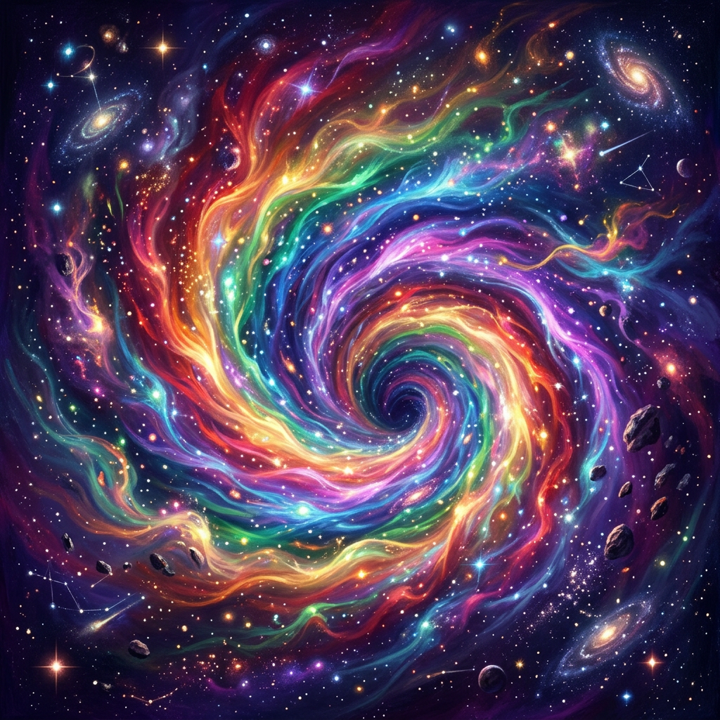 Brightly colored spiral galaxy with swirling rainbow arms and scattered stars