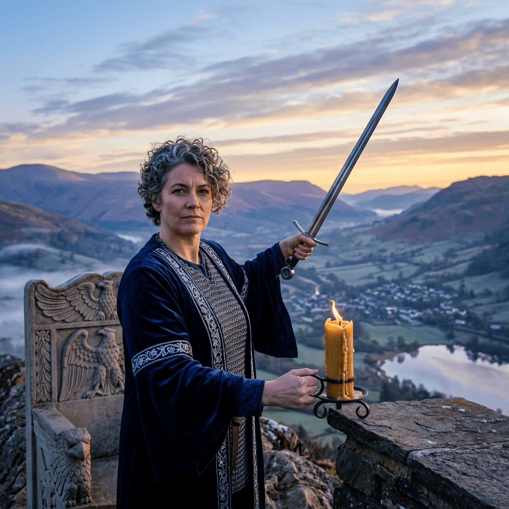 Woman in medieval robe holding sword and lit candle overlooking valley