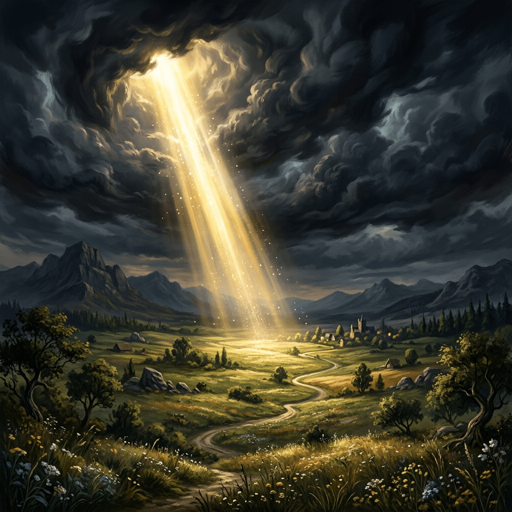 Bright golden sunbeam shining through dark storm clouds onto a lush valley with winding road and distant village