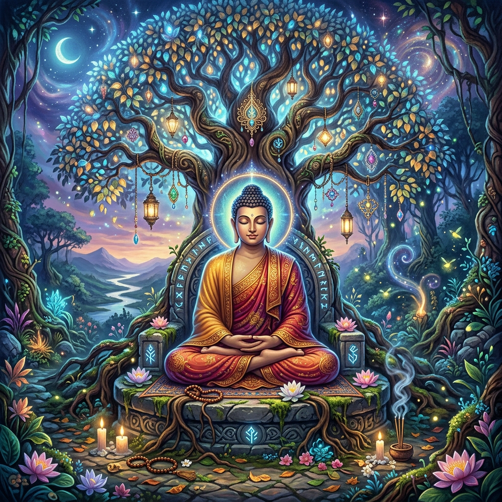 Buddha meditating under a glowing tree with lanterns, surrounded by flowers and candles at dusk