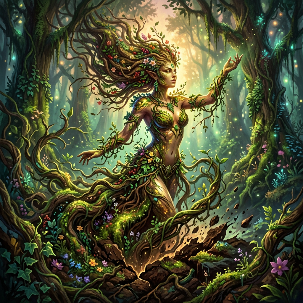 Mystical forest spirit woman formed from vines and flowers rising from cracked earth
