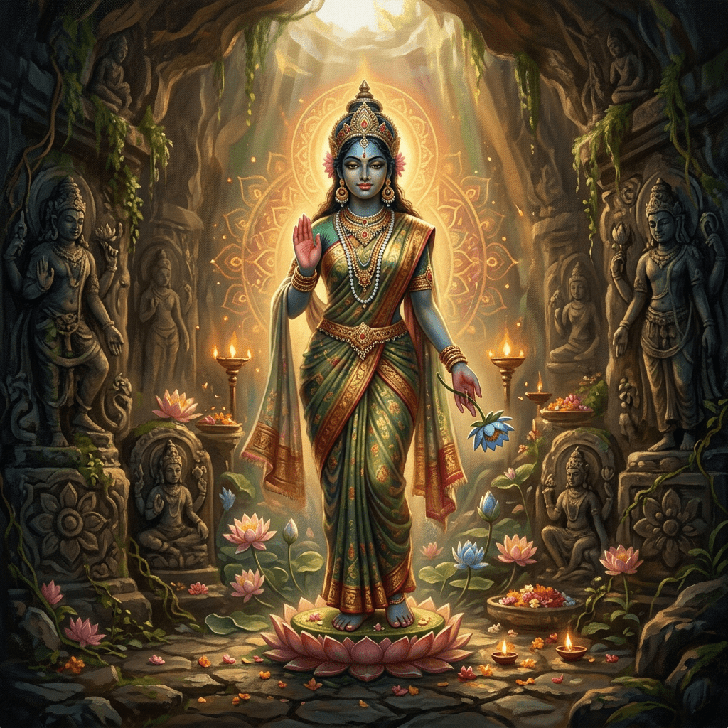Goddess in green sari holding a blue lotus, standing on a pink lotus with ancient stone statues and lit lamps around in a cave