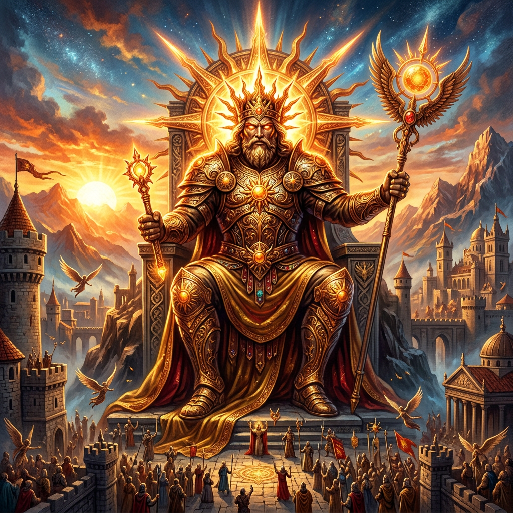 A majestic king wearing golden armor and crown, holding an ornate staff and scepter, seated on a throne with a glowing sun motif behind him, surrounded by a crowd in a castle courtyard at sunset.