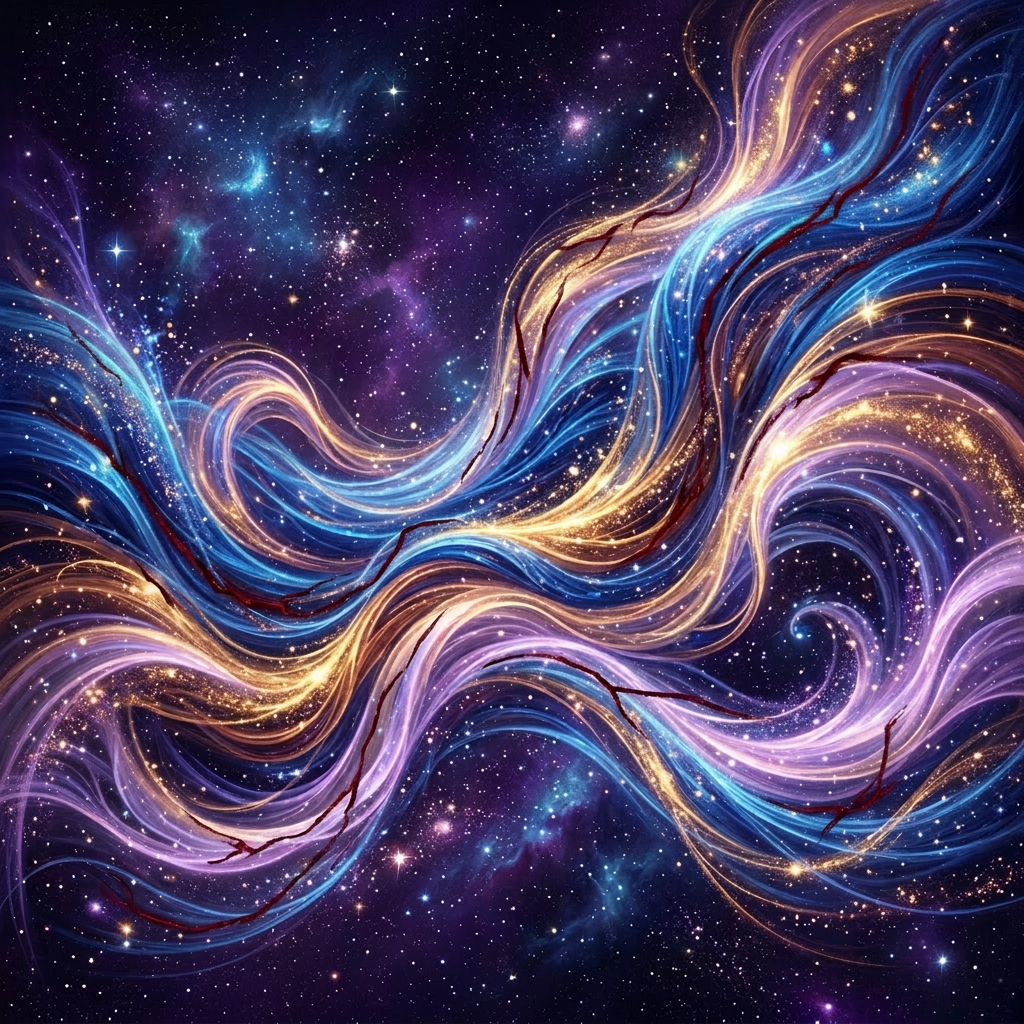 Swirling abstract cosmic energy streams in blue, purple, and gold against a starry background