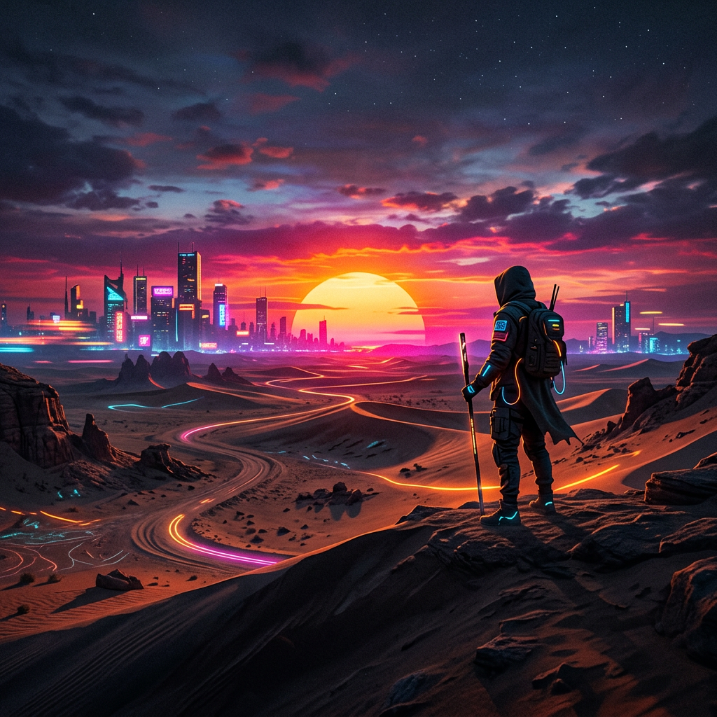 Person in futuristic clothing with glowing accents standing on desert dunes looking toward a neon-lit city at sunset.