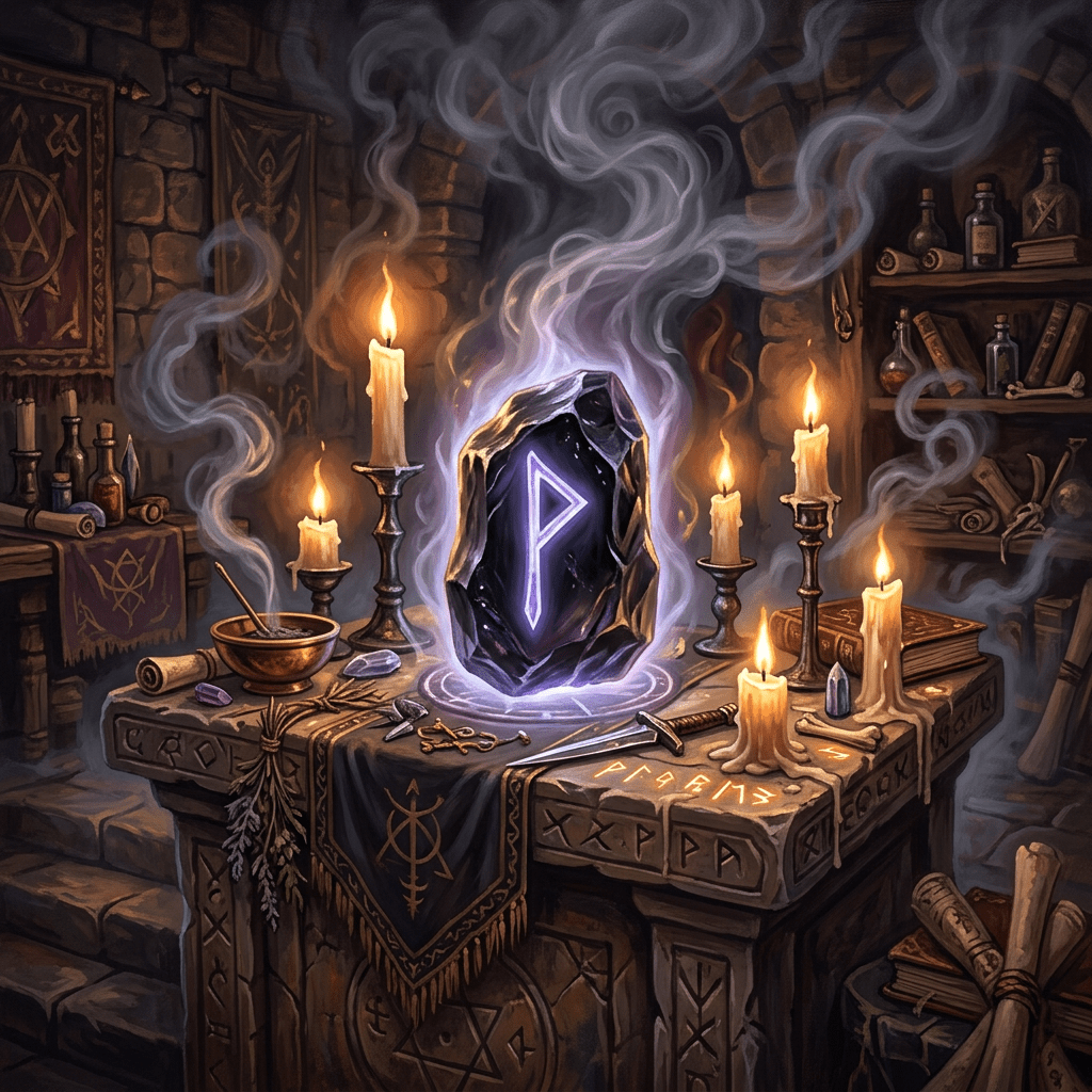 Glowing rune stone floating above an altar with candles, herbs, and magical items in a stone chamber