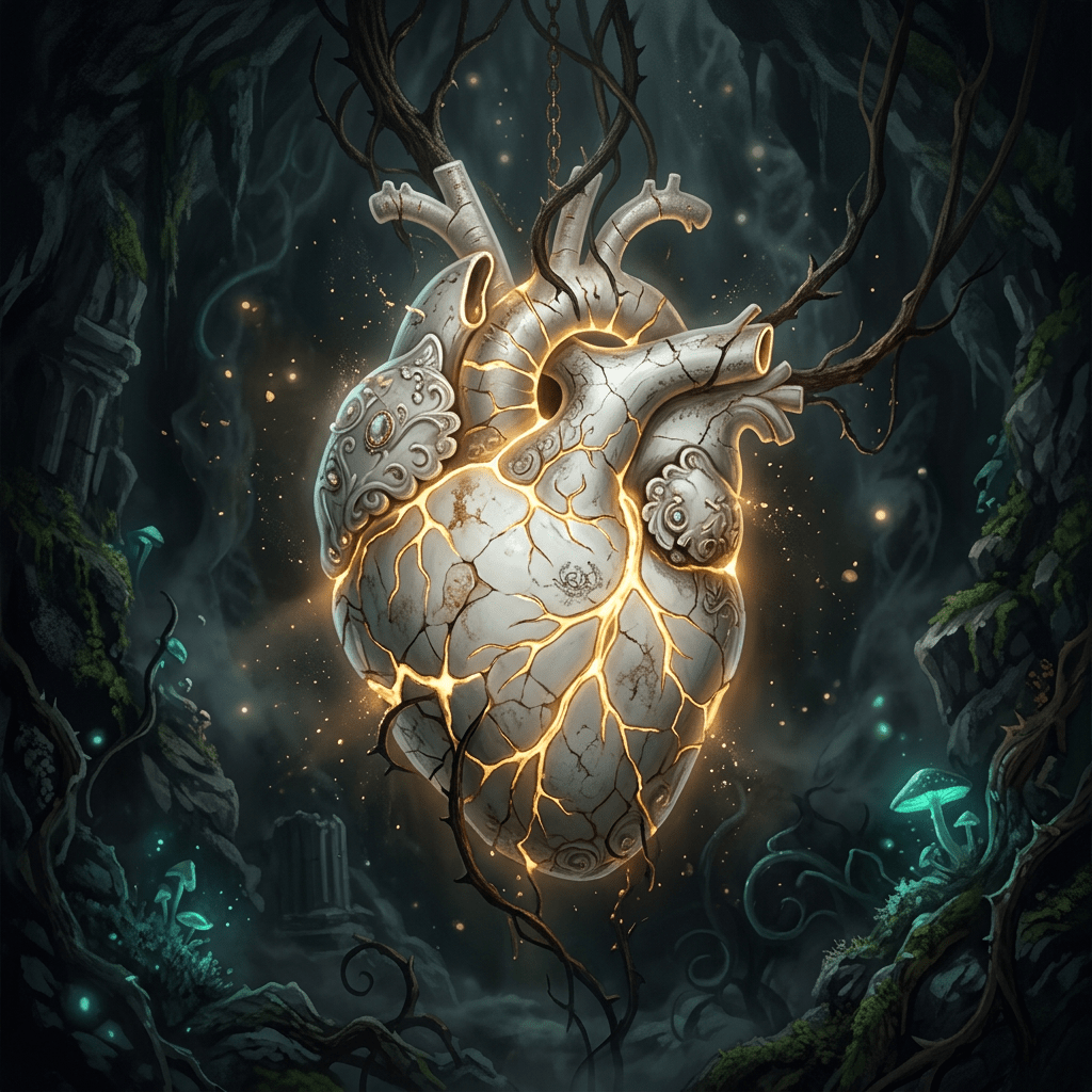 A glowing cracked heart sculpture entwined with dark vines in a forest setting