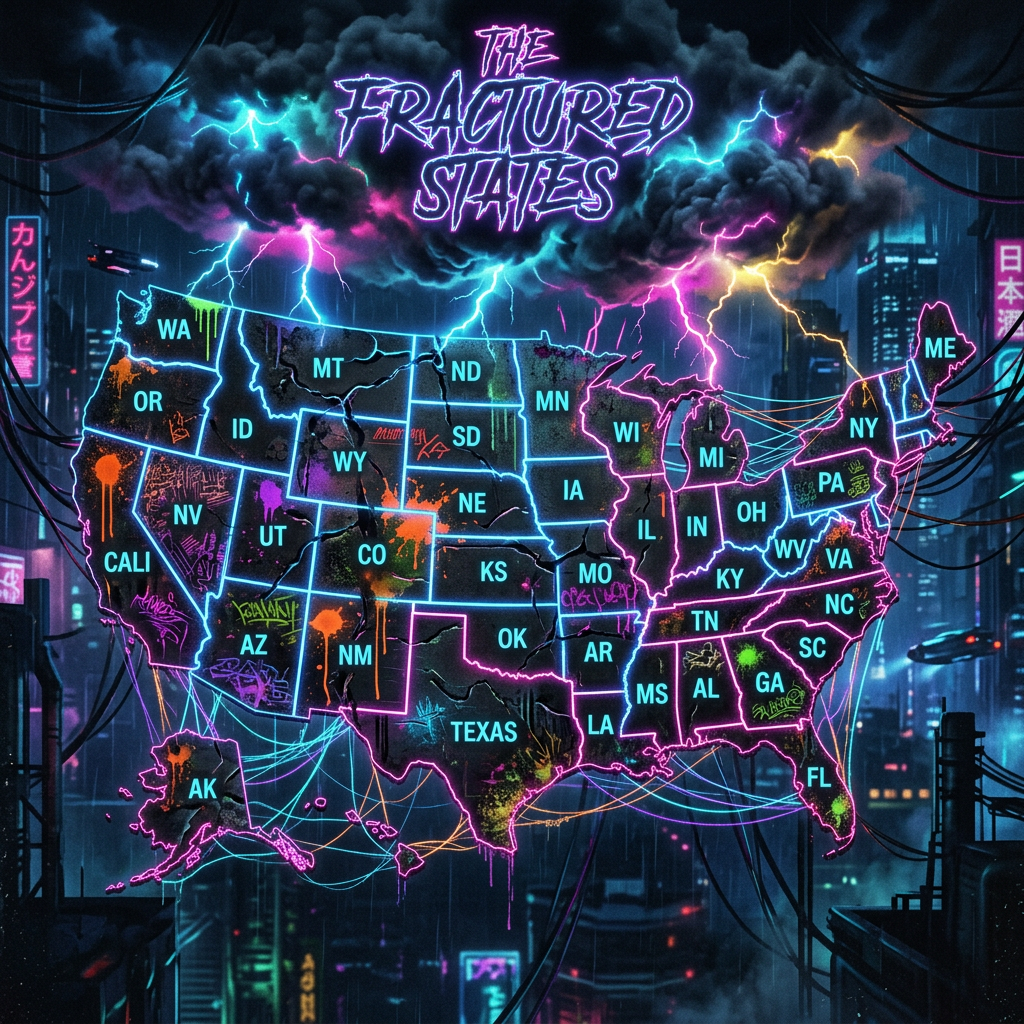 Neon United States map beneath the words “The Fractured States”