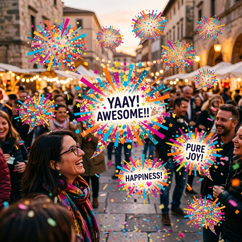 Crowded street festival with confetti graphics reading “YAAY! AWESOME!!,” “PURE JOY!,” and “HAPPINESS!”