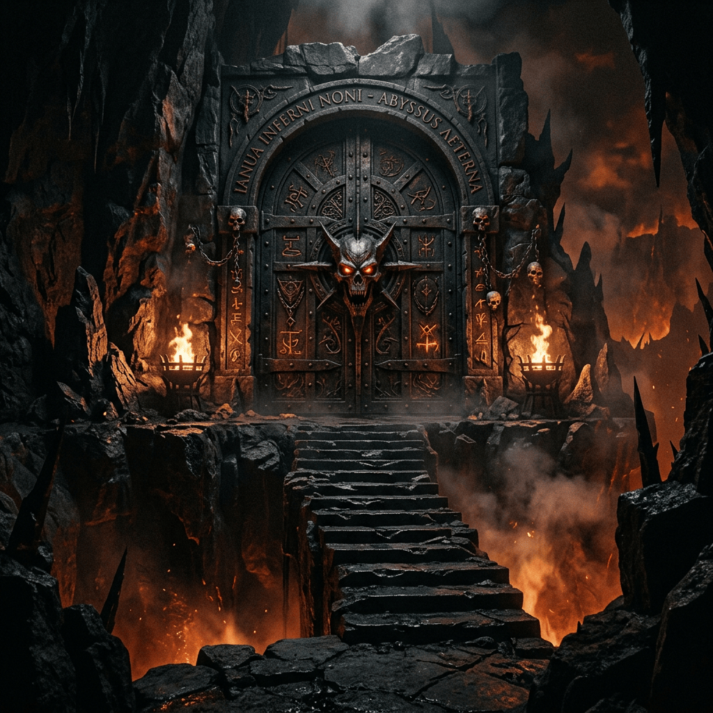 Demonic stone gateway marked with Latin text above a bridge over lava